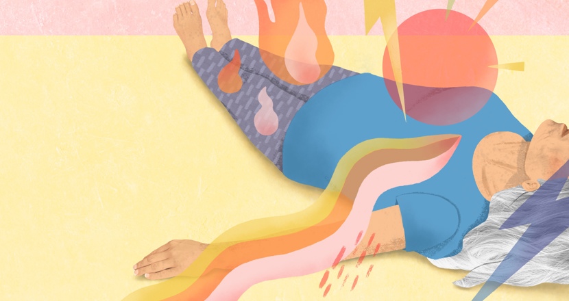 Kvinna som ligger ner och har ont. Illustration