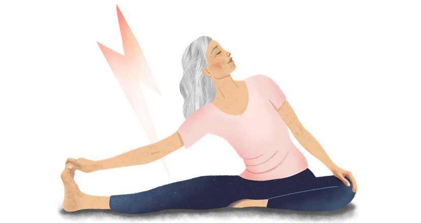 En tecknad kvinna i trikåer som stretchar. Teckning.