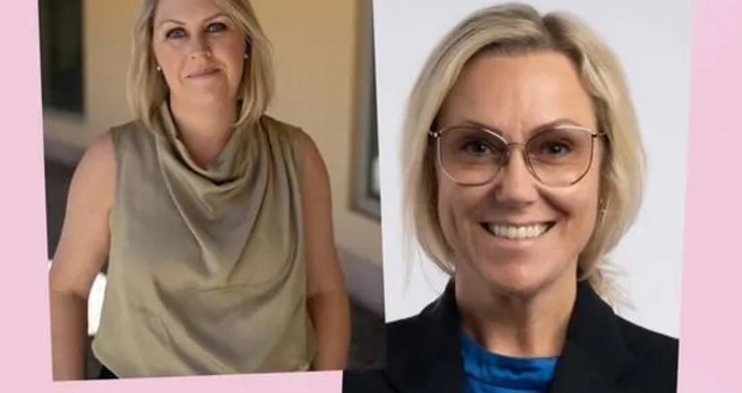 Inbjudan till föreläsning med två bilder på kvinnor med rosa bakgrund. Foto.