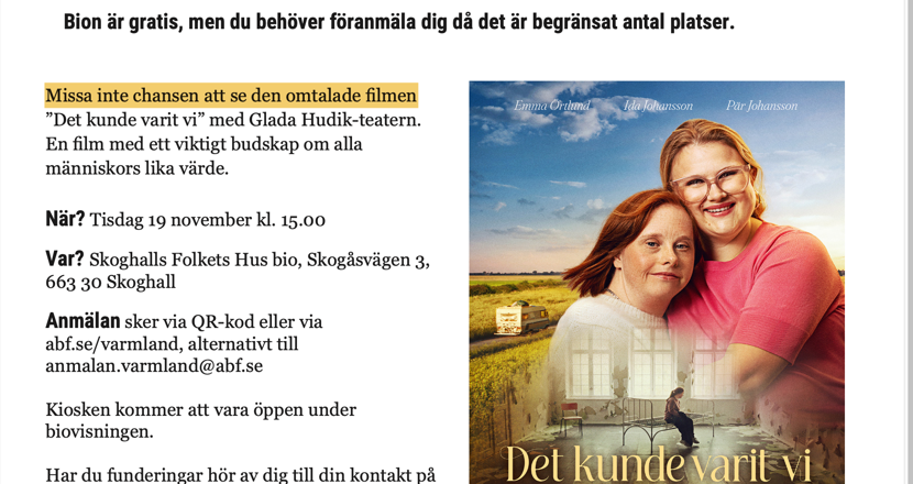 En bild med text samt en filmaffisch till höger, med två kvinnor som kramar varandra. Foto.