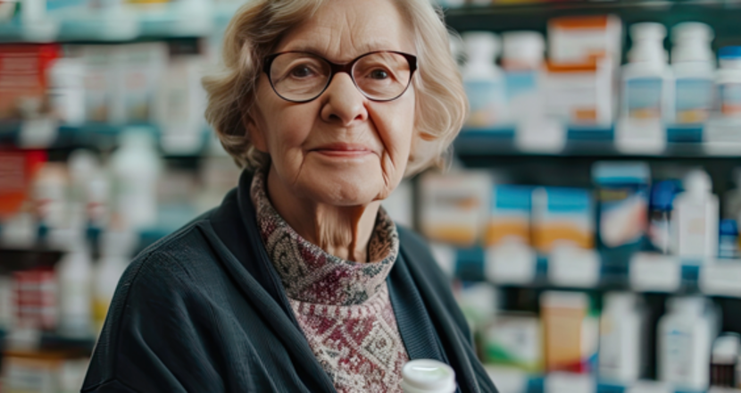 En äldre kvinna som tittar mot oss, som står framför en massa mediciner i ett apotek. Foto.
