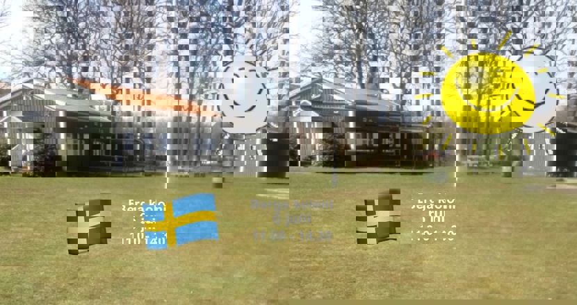 Grönområde med ett grönt hus, samlingslokal.