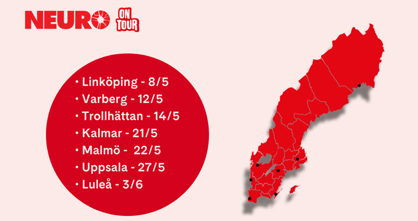 En annons med alla platser och datum där konferenser ordnas i en röd cirkel till vänster och Sverige i rött till höger. Illustration.
