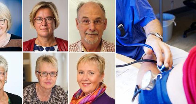 Ett bildcollage med 6 olika personer och en blodtrycksmanschett