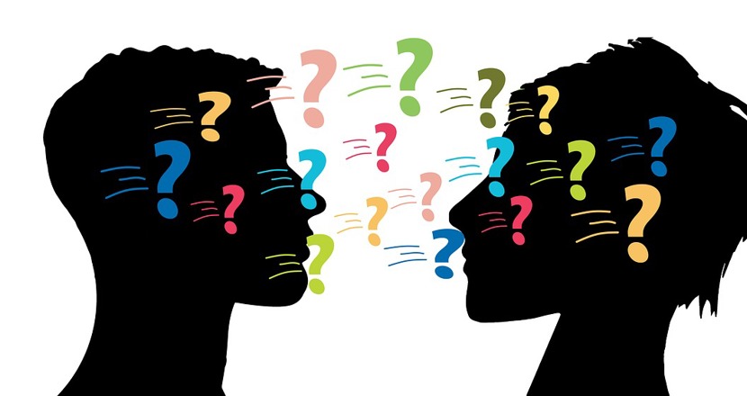 Illustration med två personer i profil som utbyter frågetecken