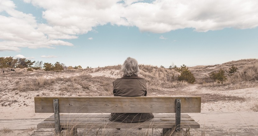 En äldre person på en parkbänk, sedd bakifrån