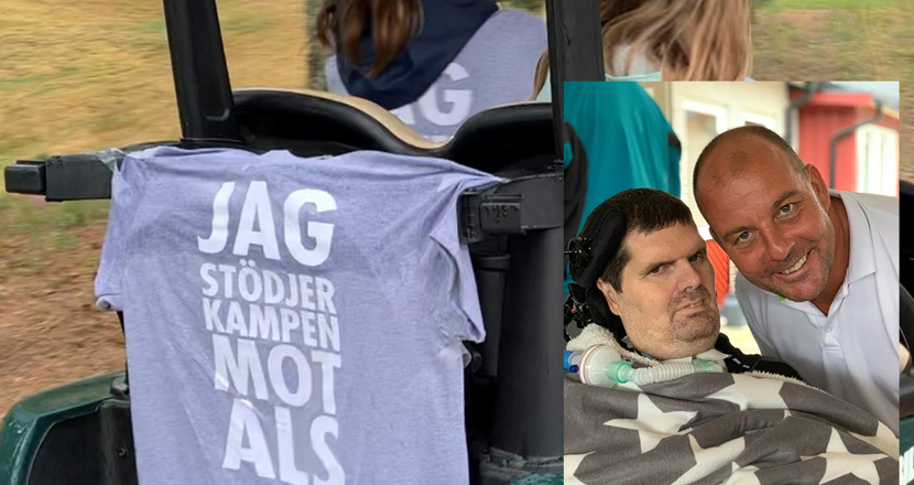 Marcus Stjernlöf och Björn Eriksson i montage med banderollen jag stödjer kampen mot als på golfbil.