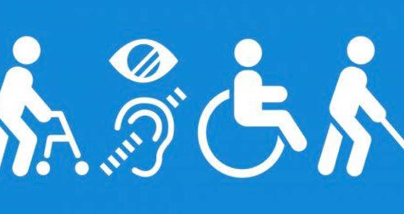 Olika personer funktionshinder så som rullator, rullstol, och synskadad med vitkäpp.