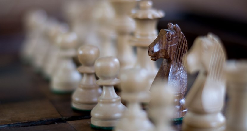 Ett schackbräde med många vita pjäser och en brun springare. Foto.