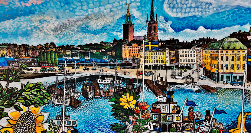Målning, Gamla stan sedd från Slussen. Illustration.