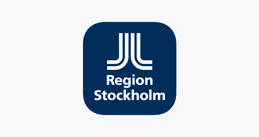 Logga för region Stockholm, blå linjer som mötes på mitten och går uppåt med texten region Stockholm under. Illustration. 