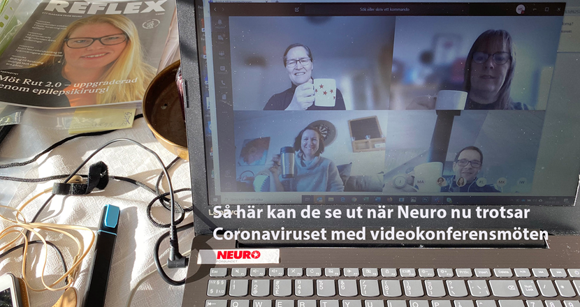 Genrebild för hur en videokonferens kan se ut när medarbetarna i Neuro möts på dataskärmen från olika platser. Foto: Håkan Sjunnesson