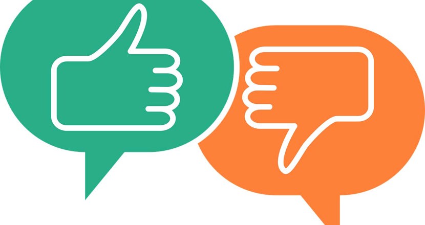 Två pratbubblor med tumme upp och tumme ner. Illustration.