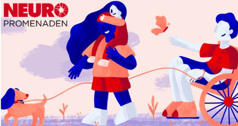 Tre personer, varav en i rullstol, plus en hund på promenad. Färgillustration.