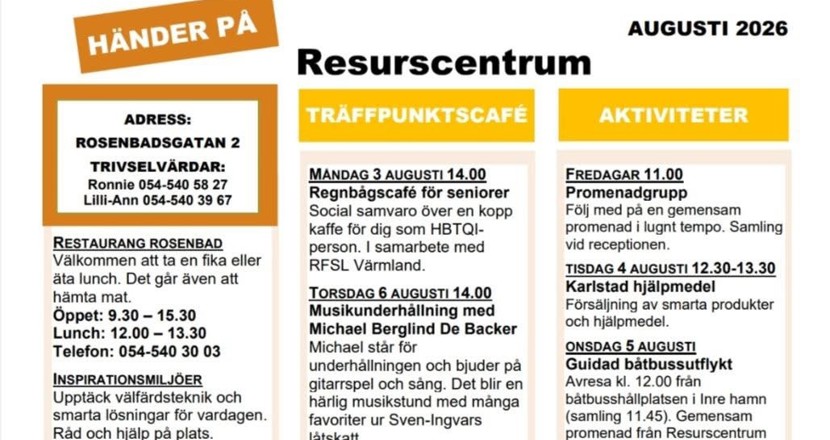 Program för Resurscentrum under augusti månad - text i tre kolumner. (Foto)