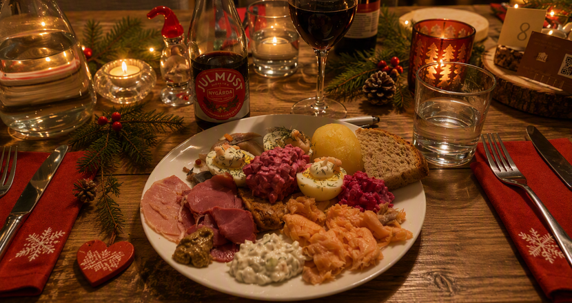 En jultallrik med diverse julmat såsom ägghalvor, skinka, lax, sill med mera. En flaska med julmust, bordet dekorerat med granris och värmeljus.