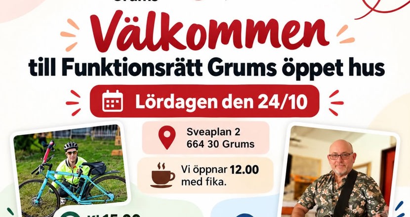 Inbjudan till öppet hus med text och bilder. Foto.