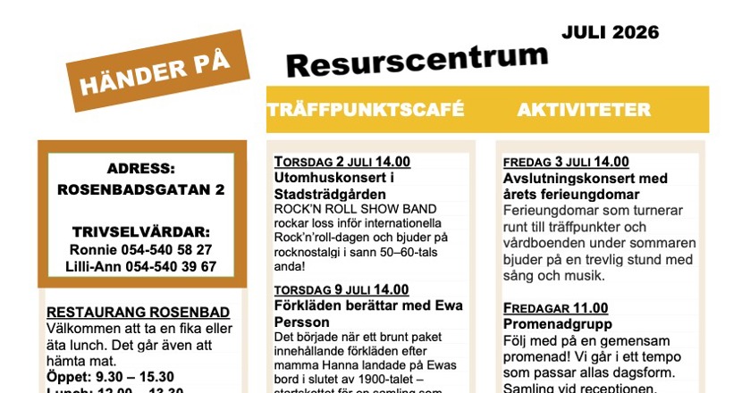 Program för Resurscentrum under juli månad - text i tre kolumner. (Foto)