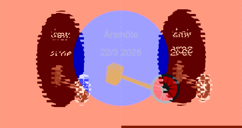 Bild med en årsmötesklubba, rund ring med neuron. Text Årsmöte 22/3 2026 i en blå ring.