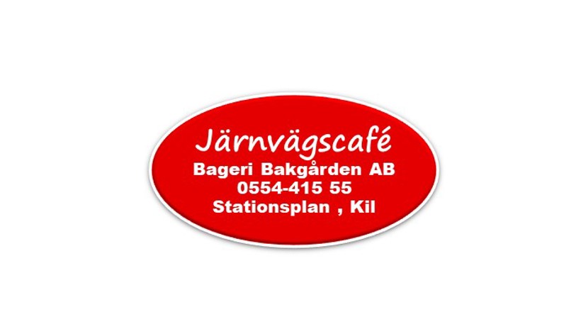 En logga med texten Järnvägscafé i vitt mot röd bakgrund i form av en liggande oval. Logga.