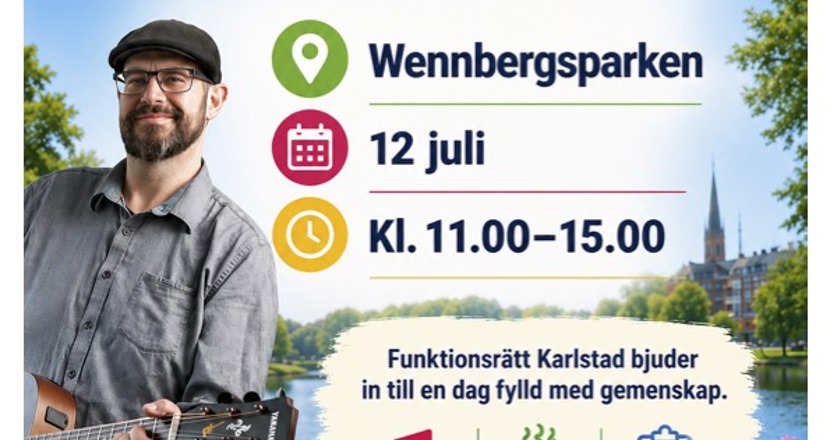 Inbjudan till sommarfest med ett glatt budskap, vimplar och sol. Affisch.
