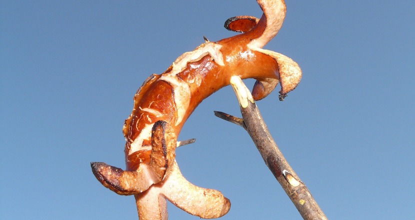 En grillad korv snittad i ändarna på en pinne mot en blå himmel. Foto. 