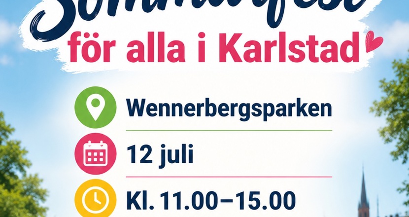 Inbjudan till sommarfest med ett glatt budskap, vimplar och sol. Affisch.