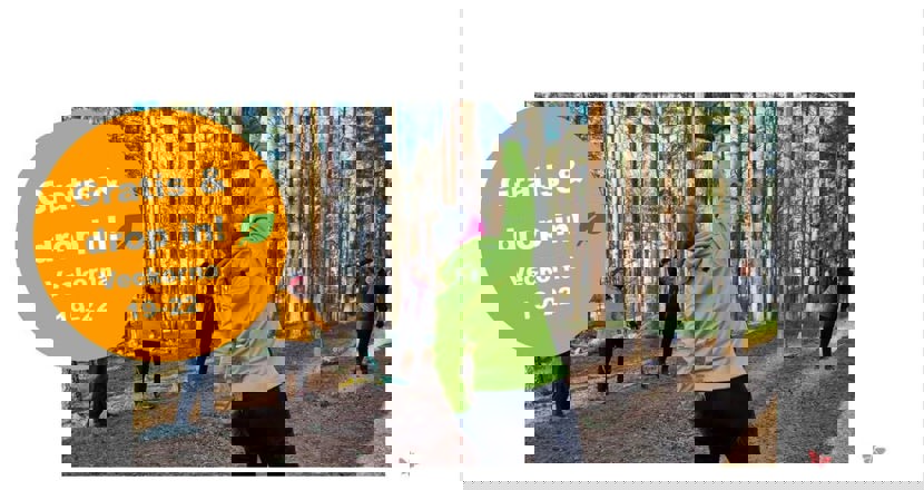 Text om utemotion i Mariebergsskogen med en bild längst upp med människor som står ute i skogen och gymnastiserar. Foto.