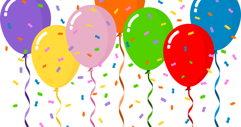 Tecknade ballonger i olika färger som stiger uppåt med snören i samma färg hängande under. Teckning.