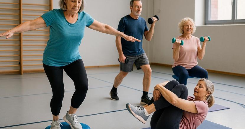 4 personer som tränar. Kvinna på balanskudde, msn o kvinna med hantlar, enkvinna på tränongsmatta på golvet