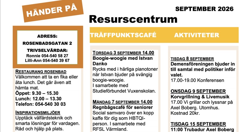 Ett program för Resurscentrum för september månad, text i tre spalter. Foto.