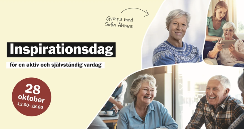 Inbjudan till inspirationsdag med ett antal glada personer i nedre högra hörnet av bilden. Foto.