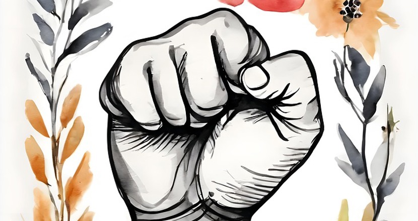 En knuten näve i en blomsterkrans. Teckning.